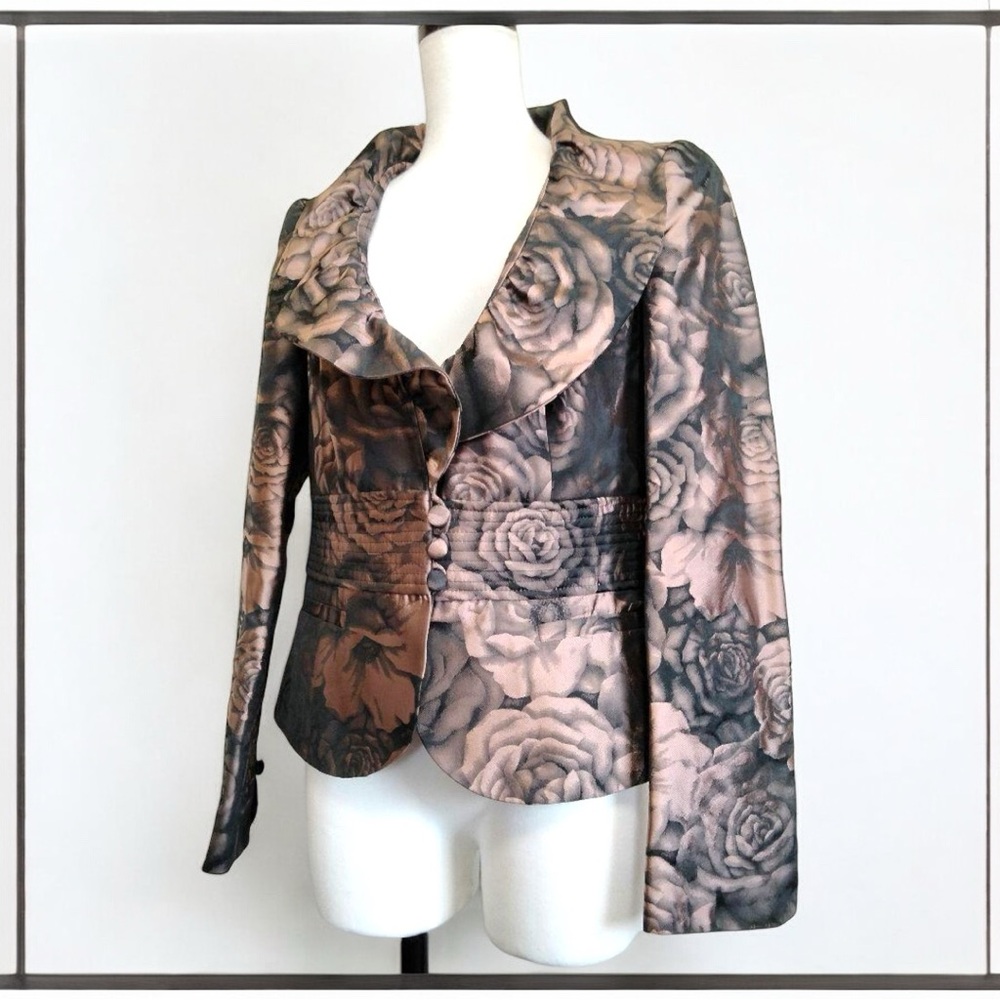ARMANI COLLEZIONI ROSE GOLD GROSGRAIN PEPLUM JACKET WITH A ROSE DESIGN Size 12